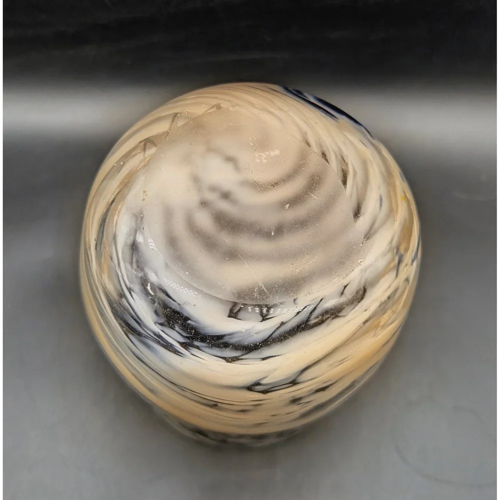 Hand Blown Art Glass Vase Navy Blue White Swirl Marbled Coastal Contemporary